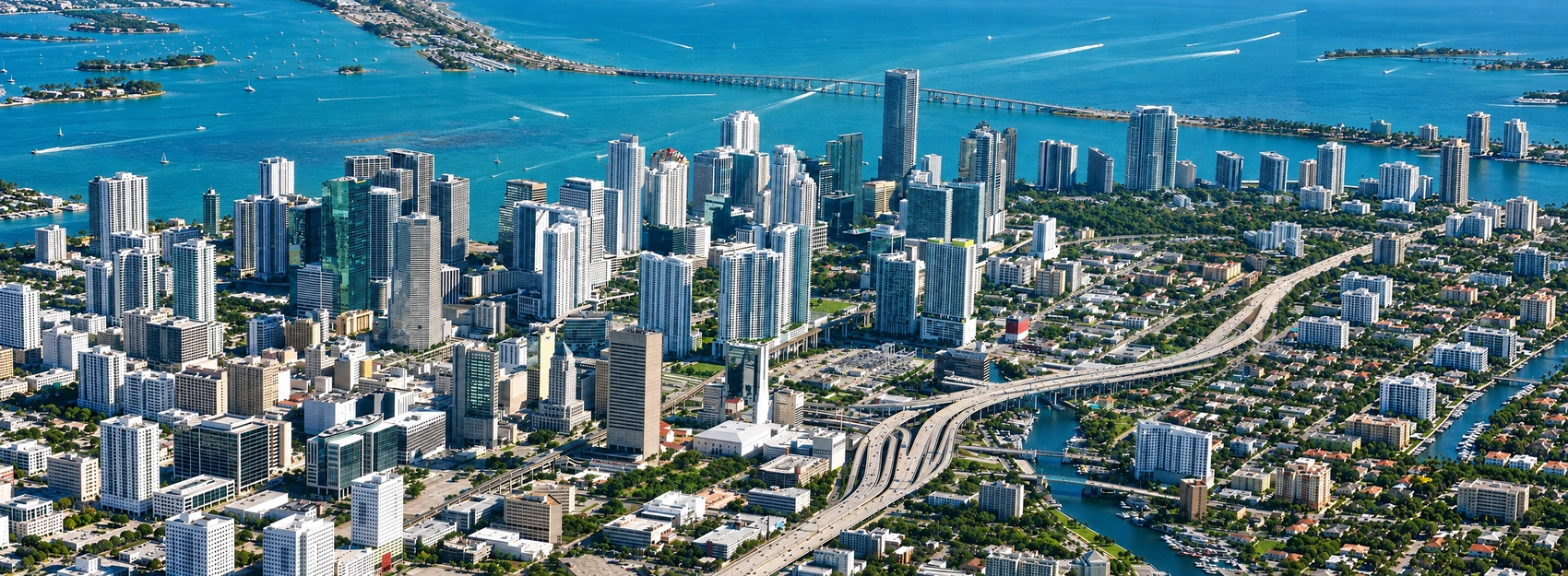 Aerial view of downtown Miami, Brickell and Biscayne Bay