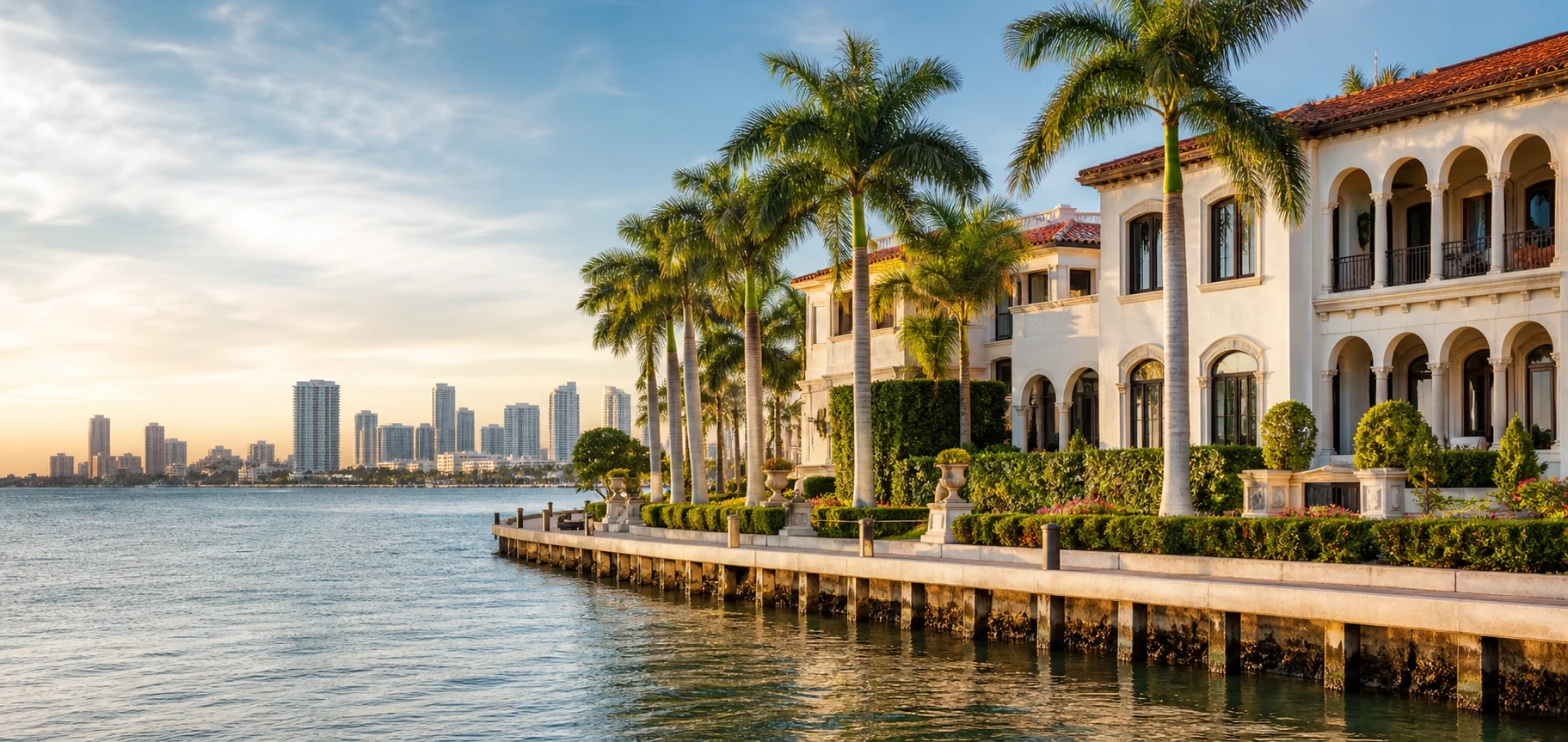 Vecindario de Coral Gables frente al agua con palmeras y arquitectura mediterr&aacute;nea